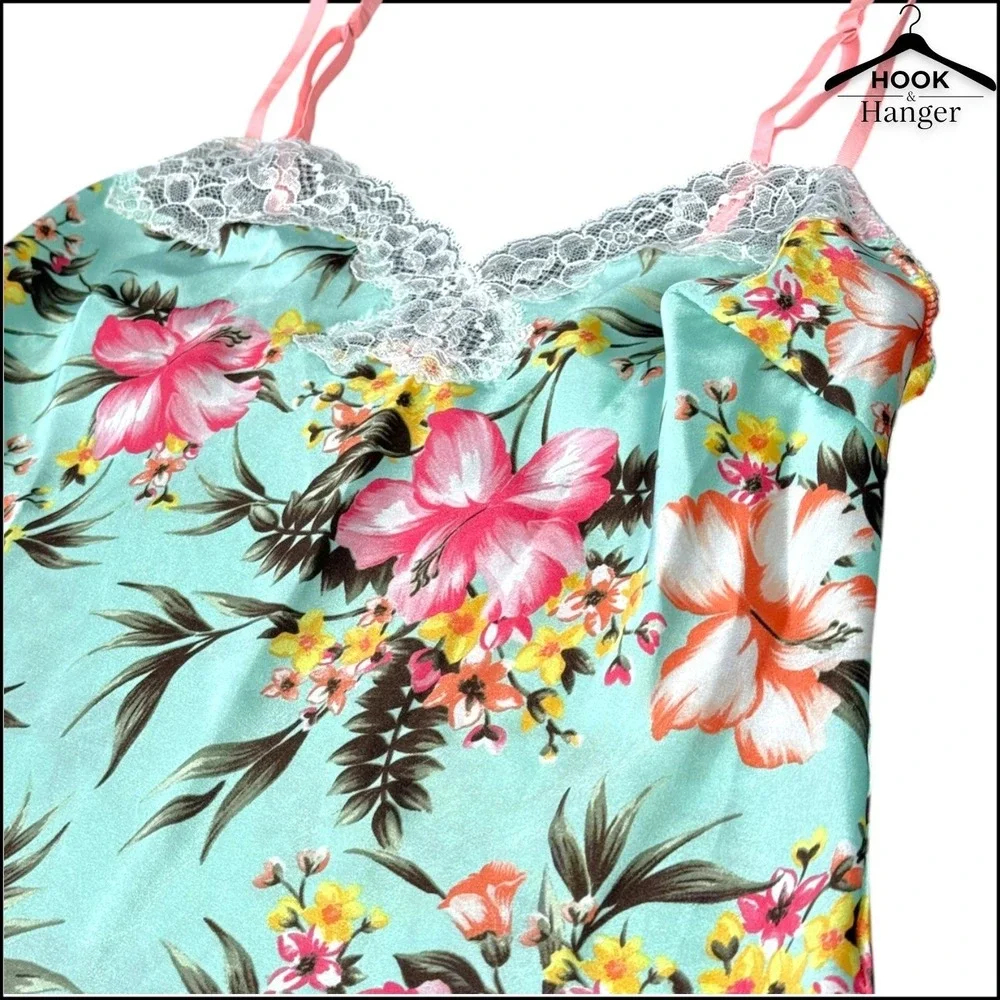 Victoria's Secret Y2K Satin Tropical Chemise Nightie S Blue Pink Hibiscus Lace - Picture 5 of 10